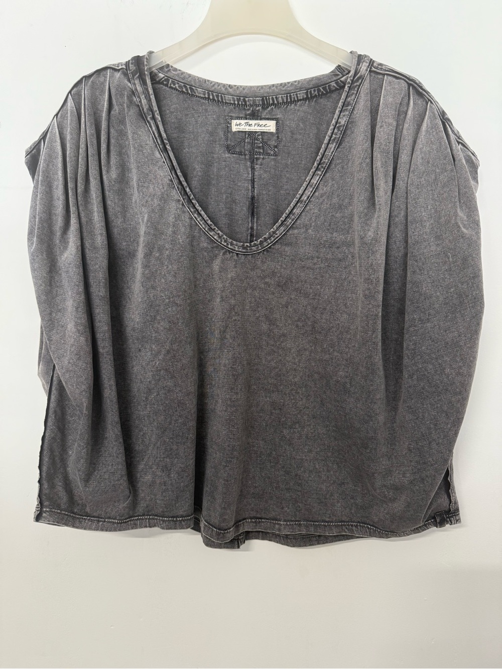 We The Free Dark Charcoal,Acid Washed V-Neck Short Sleeve Top